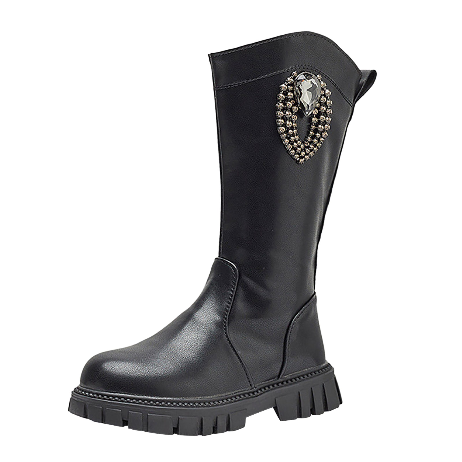 GEZHEN Toddler Rain Boots Girls' Boots Children'S British Style Single Mid Calf Black Leather Toddler Girls Little Kid Shoes Knee Boots Kids Boots